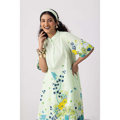 Thee Modern Roots Neon Green Checkered Floral Print Kurta and Dhoti (Set of 2)