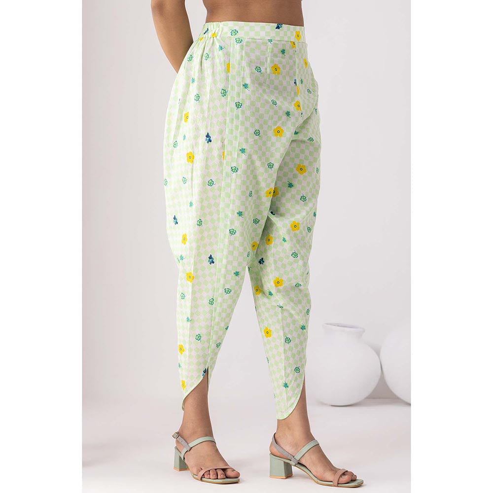 Thee Modern Roots Neon Green Checkered Floral Print Kurta and Dhoti (Set of 2)