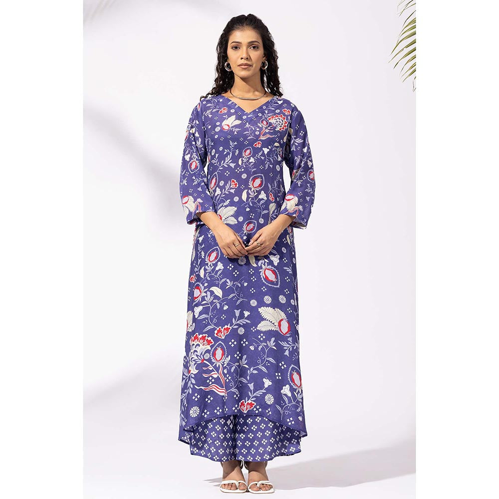 Thee Modern Roots Ink Blue Floral Print Kurta and Palazzo (Set of 2)