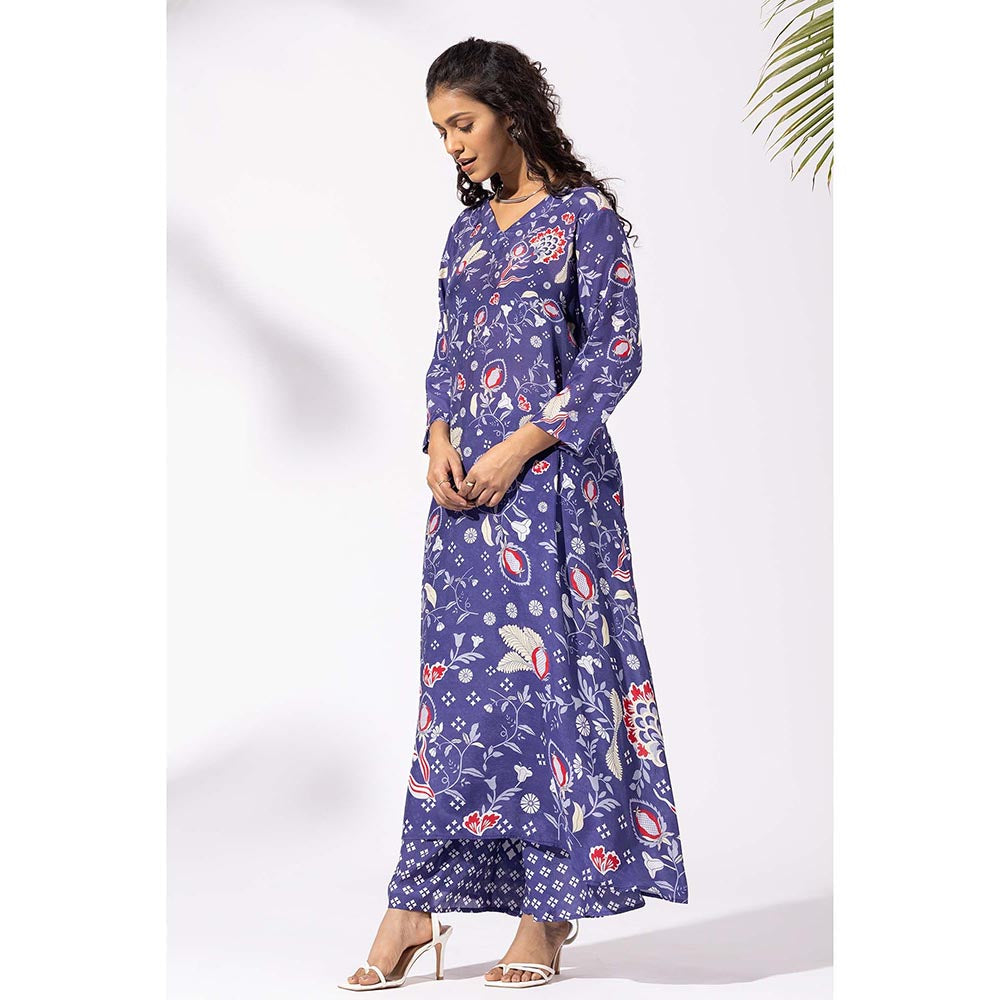 Thee Modern Roots Ink Blue Floral Print Kurta and Palazzo (Set of 2)