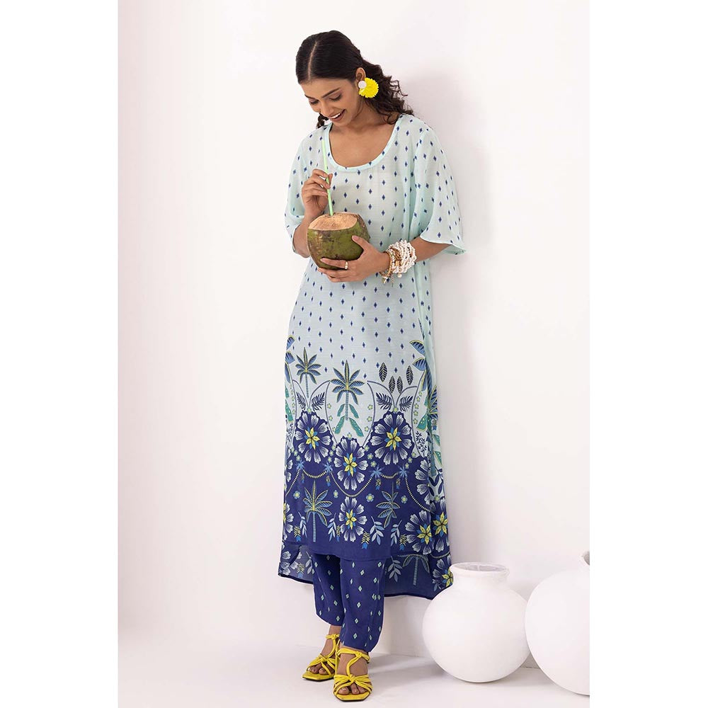 Thee Modern Roots Sky Blue Pacific Printed Kurta and Pant (Set of 2)