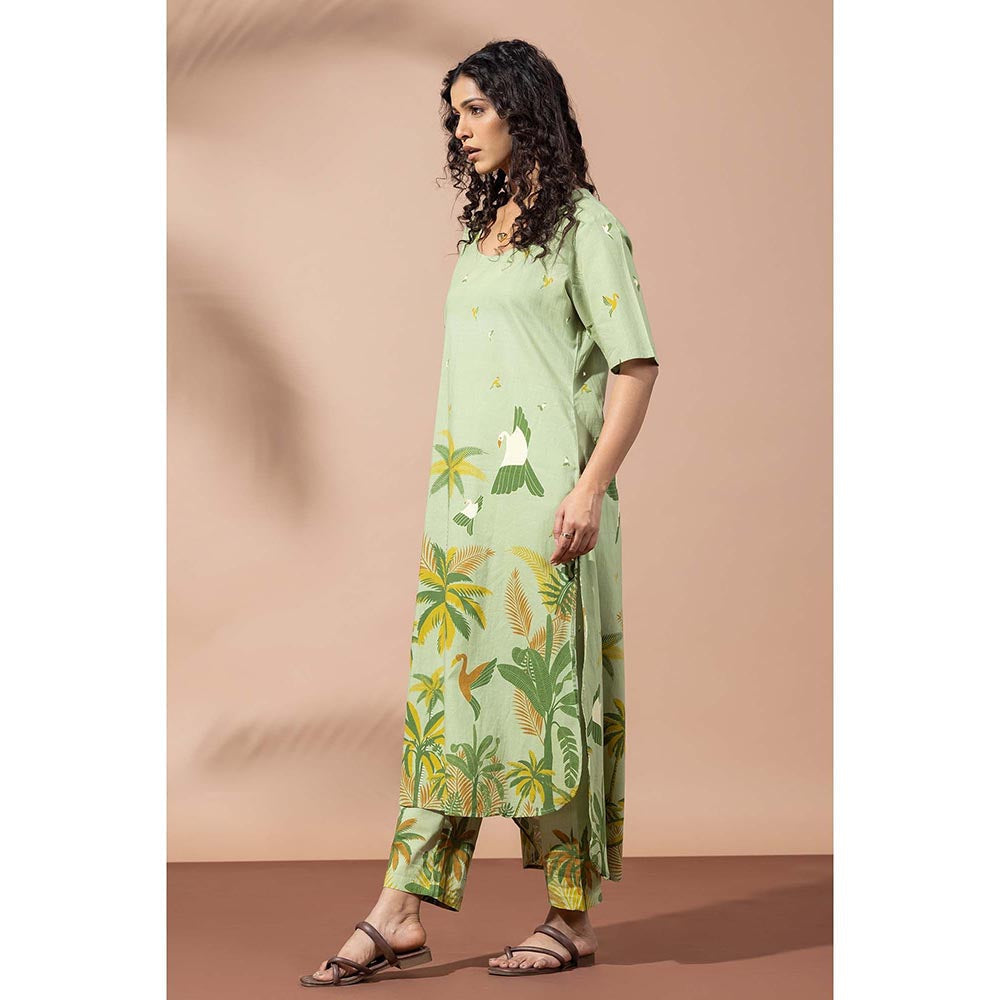 Thee Modern Roots Forest Moss Green Printed Kurta and Pant (Set of 2)