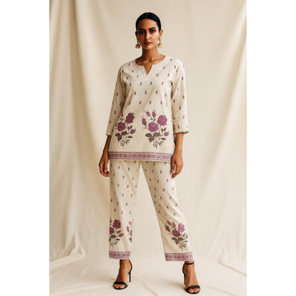 Thee Modern Roots Women'S Beige Cotton Floral V-Neck Top with Pant Co-Ord's
