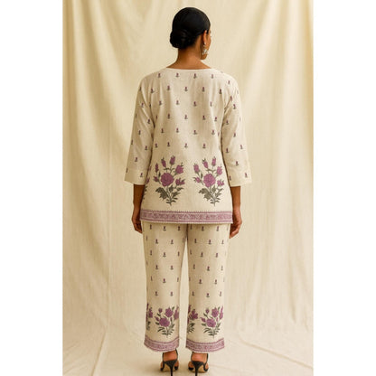 Thee Modern Roots Women'S Beige Cotton Floral V-Neck Top with Pant Co-Ord's