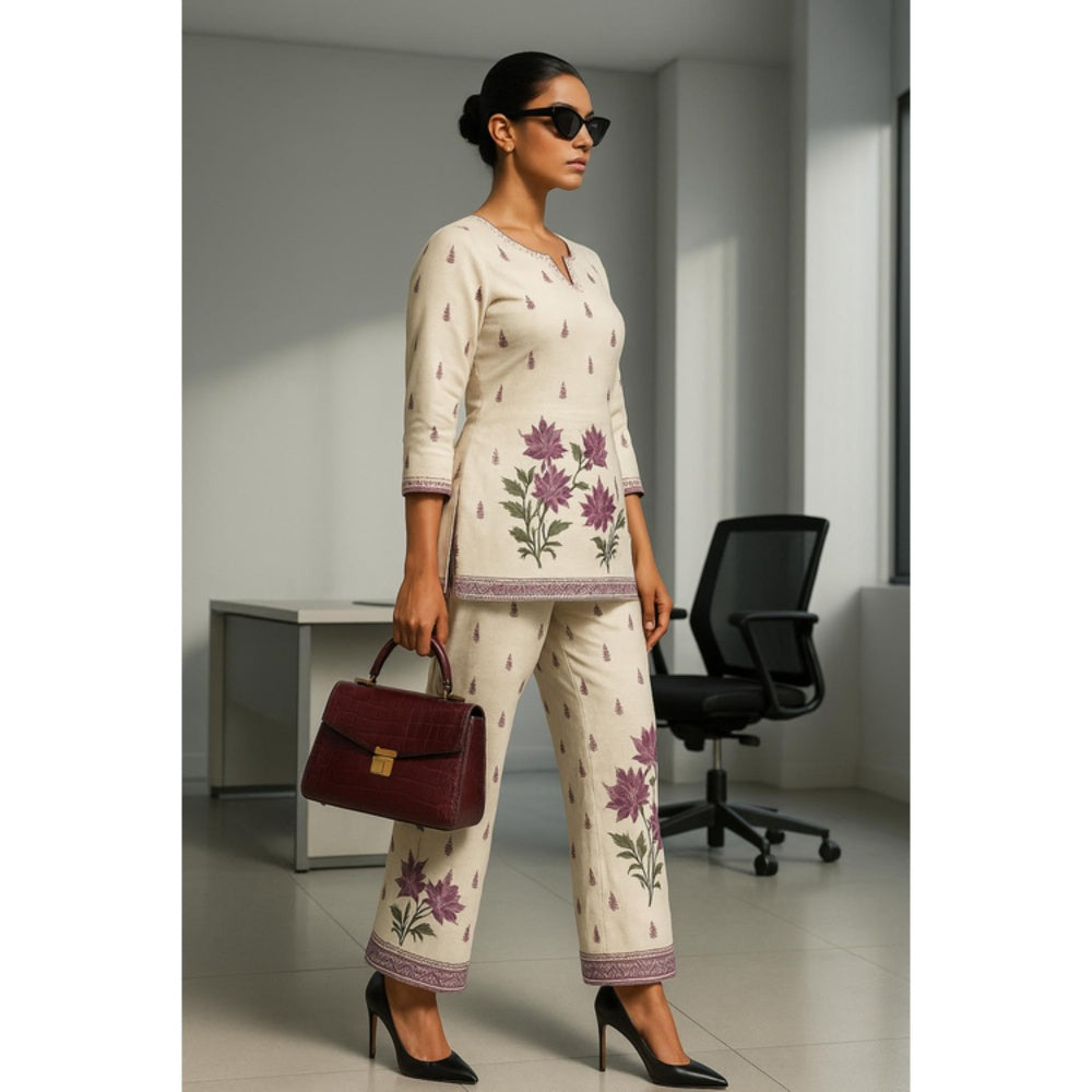 Thee Modern Roots Women'S Beige Cotton Floral V-Neck Top with Pant Co-Ord's