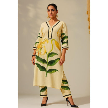 Thee Modern Roots Women'S Cream Cotton Floral V-Neck Kurta with Pant