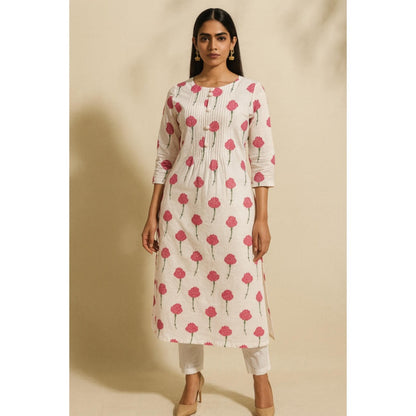 Thee Modern Roots Women'S Ivory Cotton Floral Round Neck Kurta with Pant