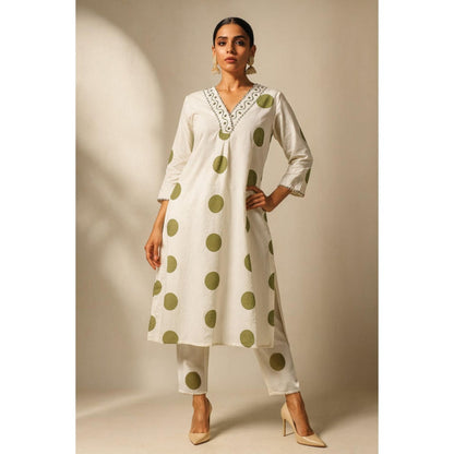Thee Modern Roots Women'S Ivory Cotton Polka Dots V-Neck Kurta with Pant