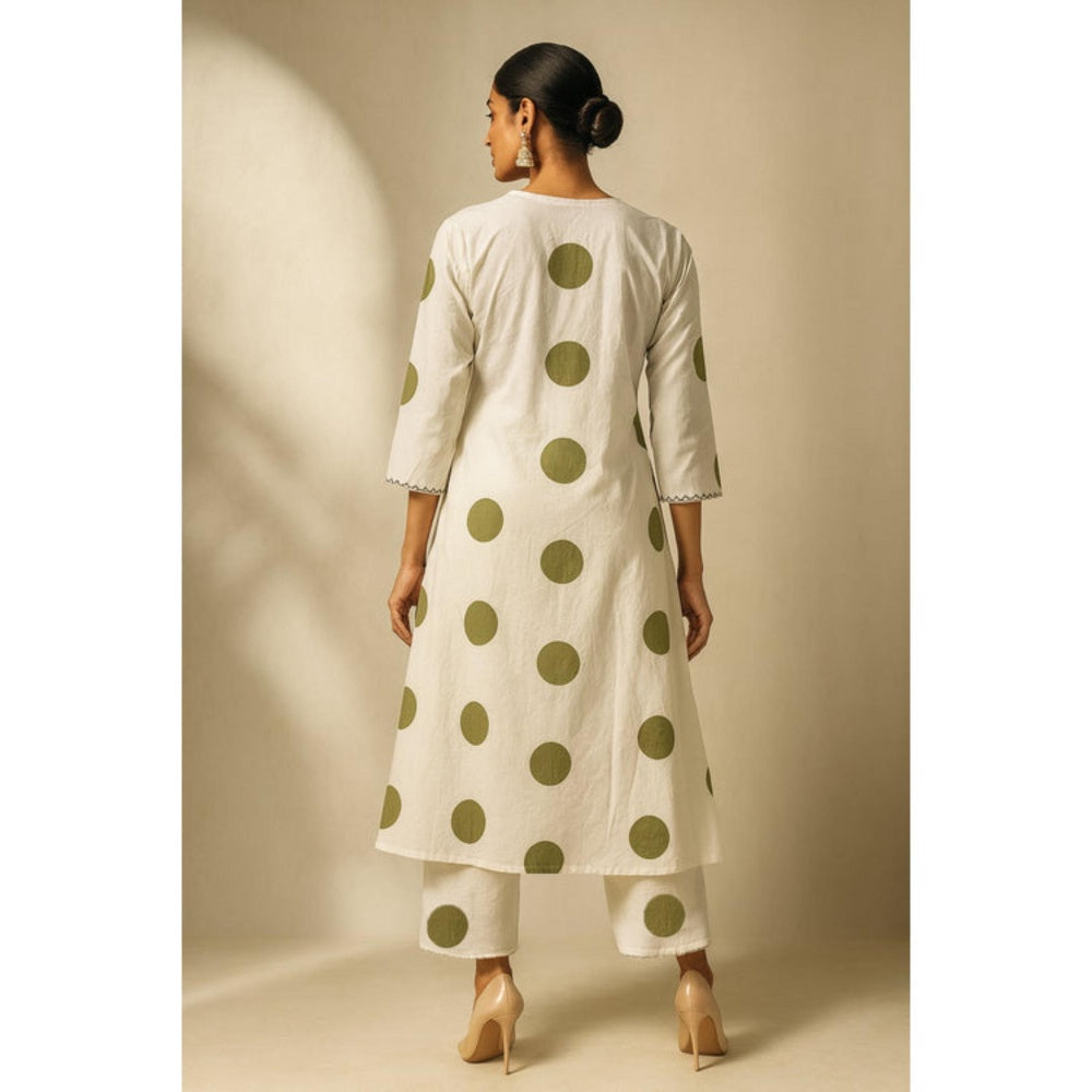 Thee Modern Roots Women'S Ivory Cotton Polka Dots V-Neck Kurta with Pant
