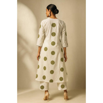 Thee Modern Roots Women'S Ivory Cotton Polka Dots V-Neck Kurta with Pant