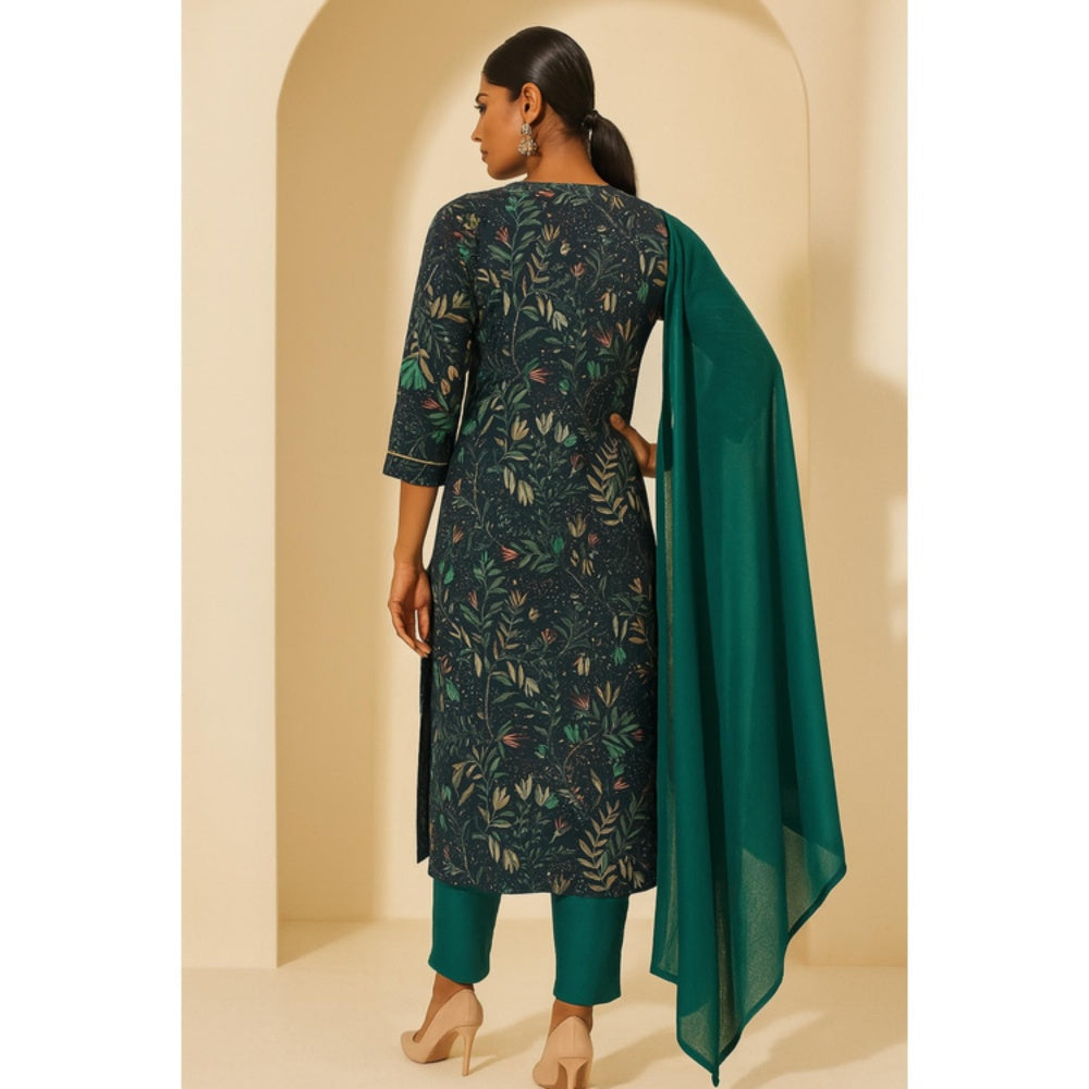 Thee Modern Roots Women'S Green Cotton Floral Round Neck Kurta with Pant and Dupatta