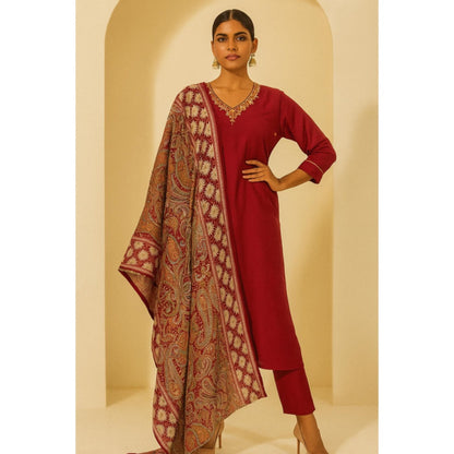 Thee Modern Roots Women'S Red Viscose Printed V-Neck Kurta with Pant and Dupatta
