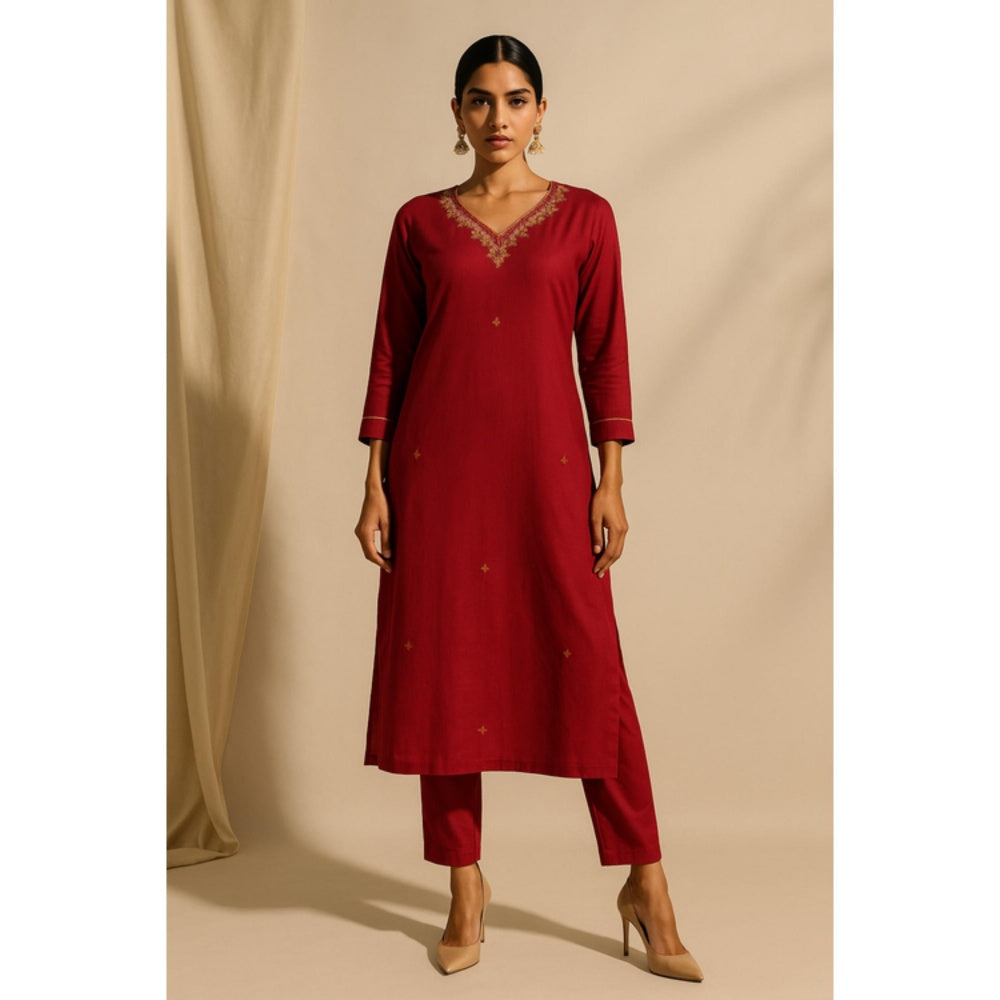 Thee Modern Roots Women'S Red Viscose Printed V-Neck Kurta with Pant and Dupatta