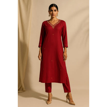 Thee Modern Roots Women'S Red Viscose Printed V-Neck Kurta with Pant and Dupatta