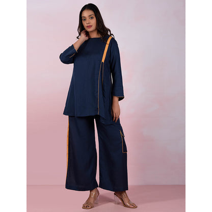 The House of Hemp Women Latest Stylish Neck Hemp And Lyocell Navy Blue Co-Ord (Set of 2)