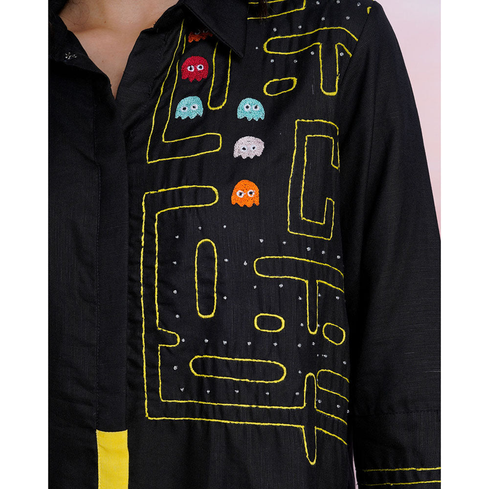 The House of Hemp Midnight Pac-Man Embroidered Shirt