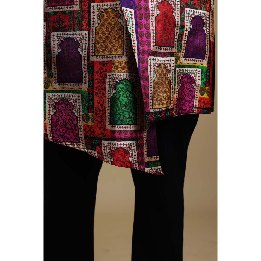 THETAA Multi-Colour Stylish Jharoka Print Asymmetrical Kurta with Pant (Set of 2)