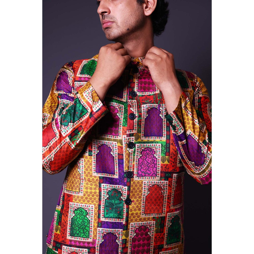THETAA Multi-Colour Nehru Jacket with Asymmetrical Kurta and Pant (Set of 3)