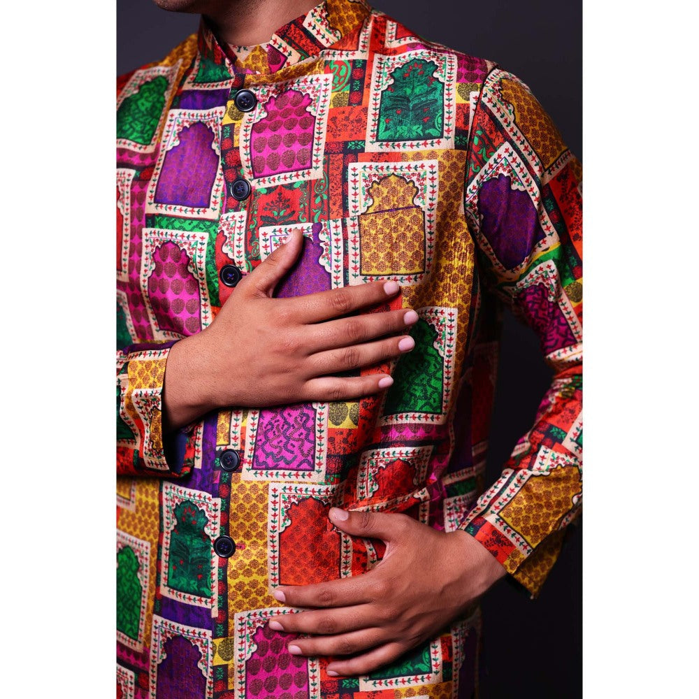 THETAA Multi-Colour Nehru Jacket with Asymmetrical Kurta and Pant (Set of 3)