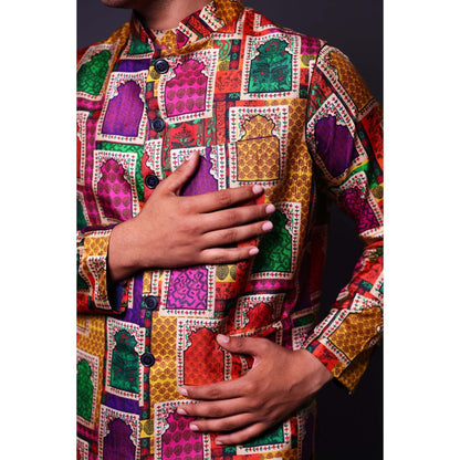 THETAA Multi-Colour Nehru Jacket with Asymmetrical Kurta and Pant (Set of 3)