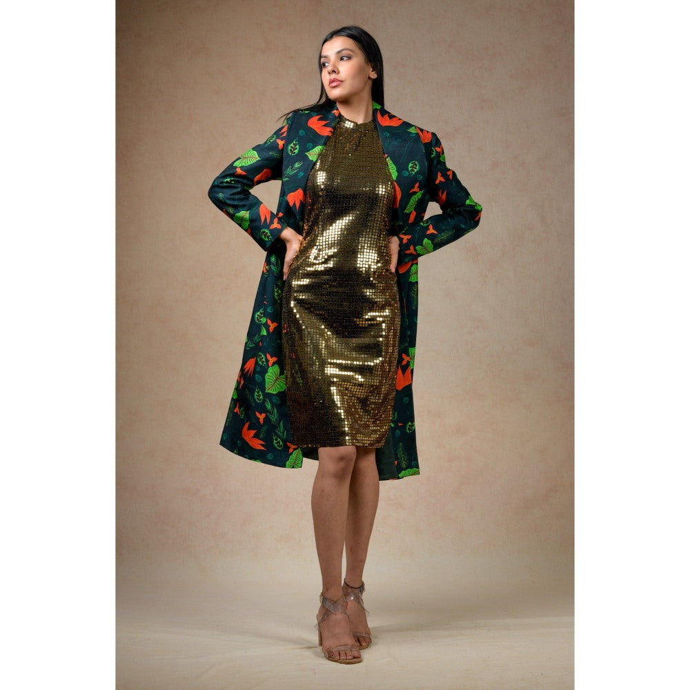 THETAA Gold Embellished/Sequined Trench Coat with Bodycon Dress (Set of 2)