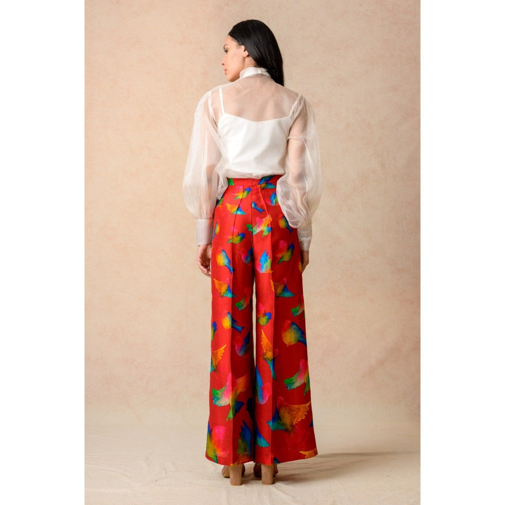 THETAA White Printed Organza Top with Slip and Flared Pant (Set of 3)