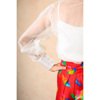THETAA White Printed Organza Top with Slip and Flared Pant (Set of 3)