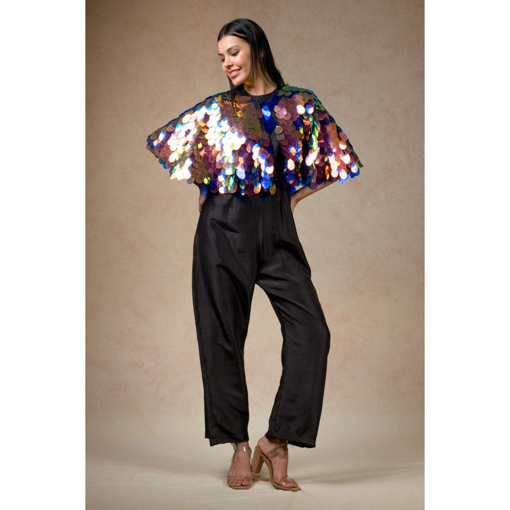 THETAA Black Embellished/Sequined Cape with Jumpsuit (Set of 2)