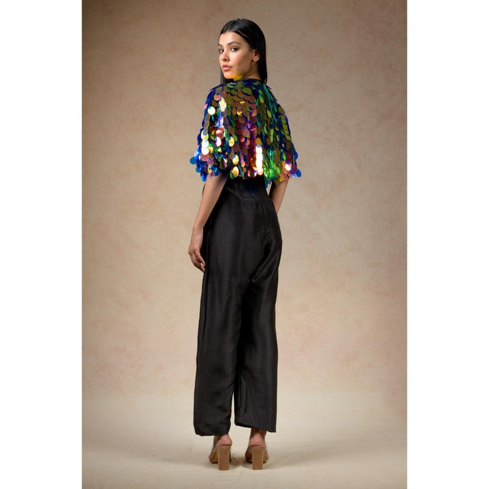 THETAA Black Embellished/Sequined Cape with Jumpsuit (Set of 2)
