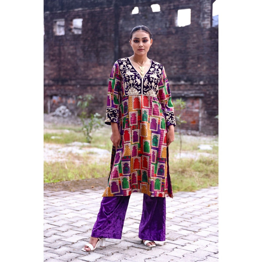 THETAA Purple Hand-Embroidered Jharoka Print Kurta with Pant and Dupatta (Set of 3)