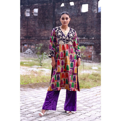 THETAA Purple Hand-Embroidered Jharoka Print Kurta with Pant and Dupatta (Set of 3)