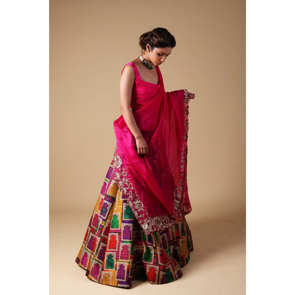 THETAA Pink Hand-Embroidered Zardozi Work Dupatta with Lehenga and Blouse (Set of 3)