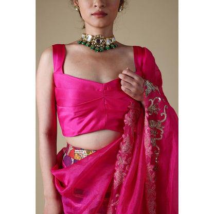 THETAA Pink Hand-Embroidered Zardozi Work Dupatta with Lehenga and Blouse (Set of 3)