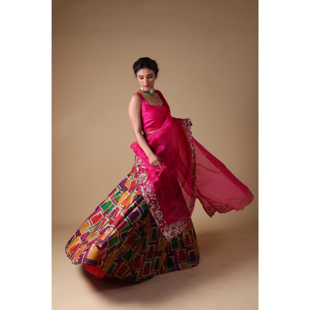 THETAA Pink Hand-Embroidered Zardozi Work Dupatta with Lehenga and Blouse (Set of 3)