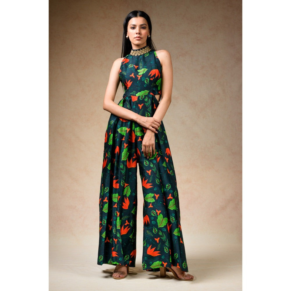 THETAA Green Hand Embroidered Flared Jumpsuit