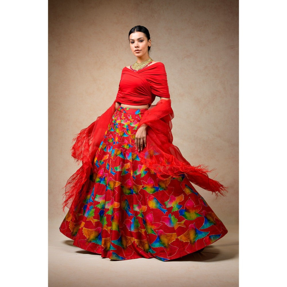 THETAA Hand Embroidered Lehenga with Drape Blouse and Feather Dupatta (Set of 3)