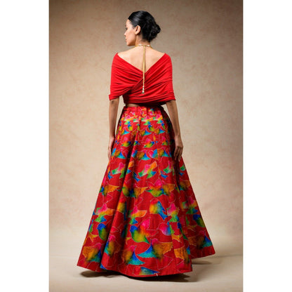 THETAA Hand Embroidered Lehenga with Drape Blouse and Feather Dupatta (Set of 3)
