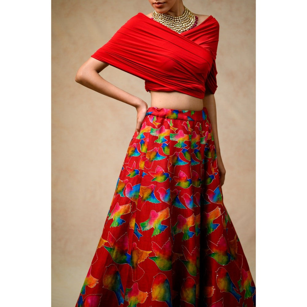 THETAA Hand Embroidered Lehenga with Drape Blouse and Feather Dupatta (Set of 3)