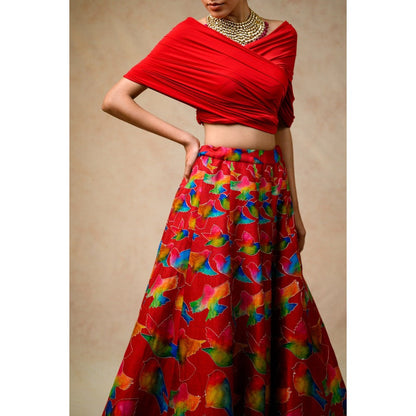 THETAA Hand Embroidered Lehenga with Drape Blouse and Feather Dupatta (Set of 3)