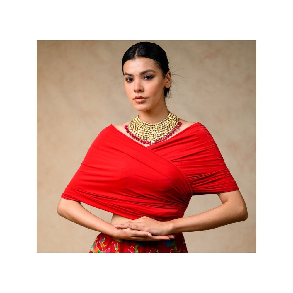 THETAA Hand Embroidered Lehenga with Drape Blouse and Feather Dupatta (Set of 3)