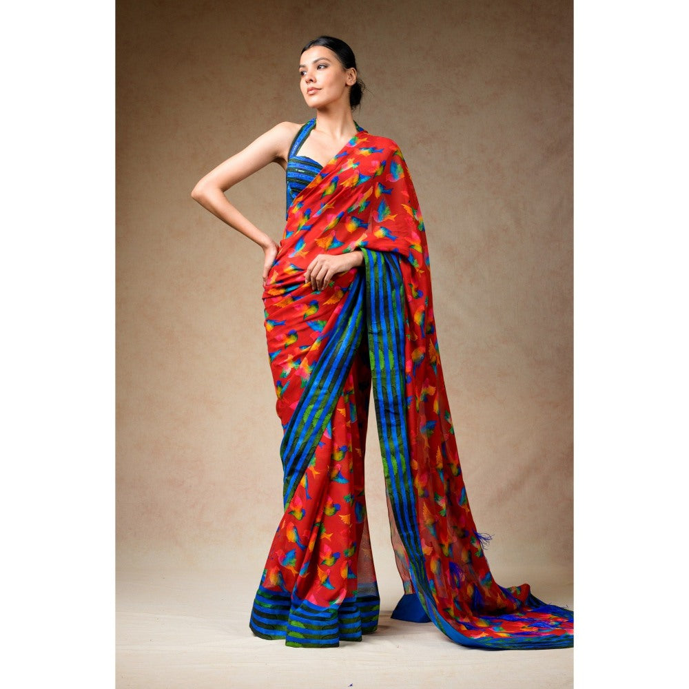 THETAA Red Saree with Stitched Blouse and Petticoat