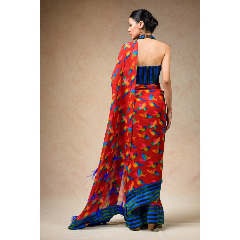 THETAA Red Saree with Stitched Blouse and Petticoat