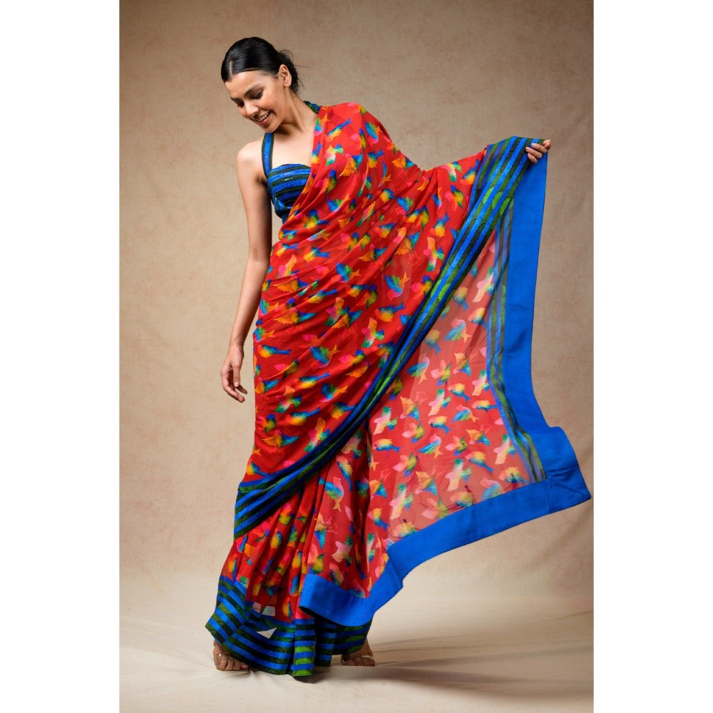 THETAA Red Saree with Stitched Blouse and Petticoat