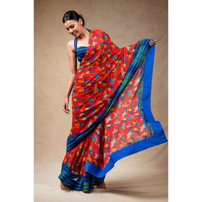 THETAA Red Saree with Stitched Blouse and Petticoat