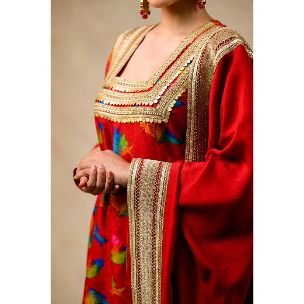 THETAA Red Kurta with Pant and Dupatta (Set of 3)