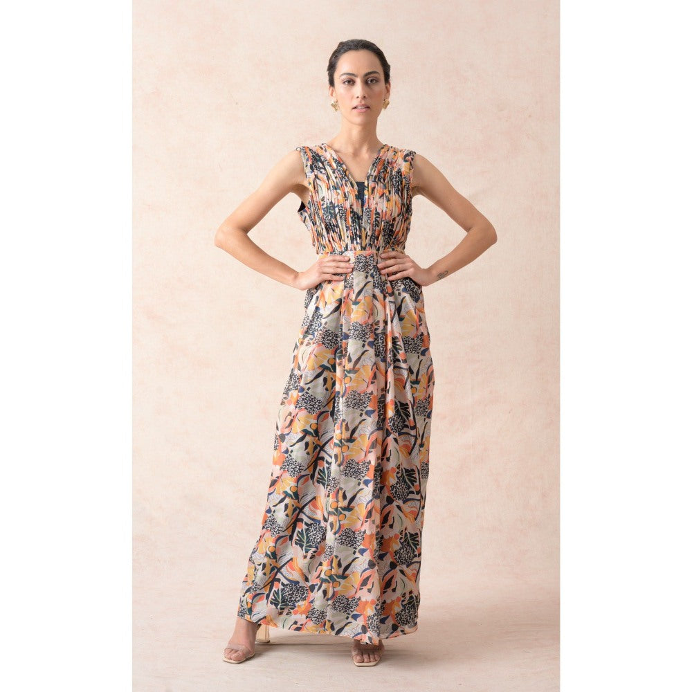 THETAA Multi-Colour Jungle Print Pleated Gown