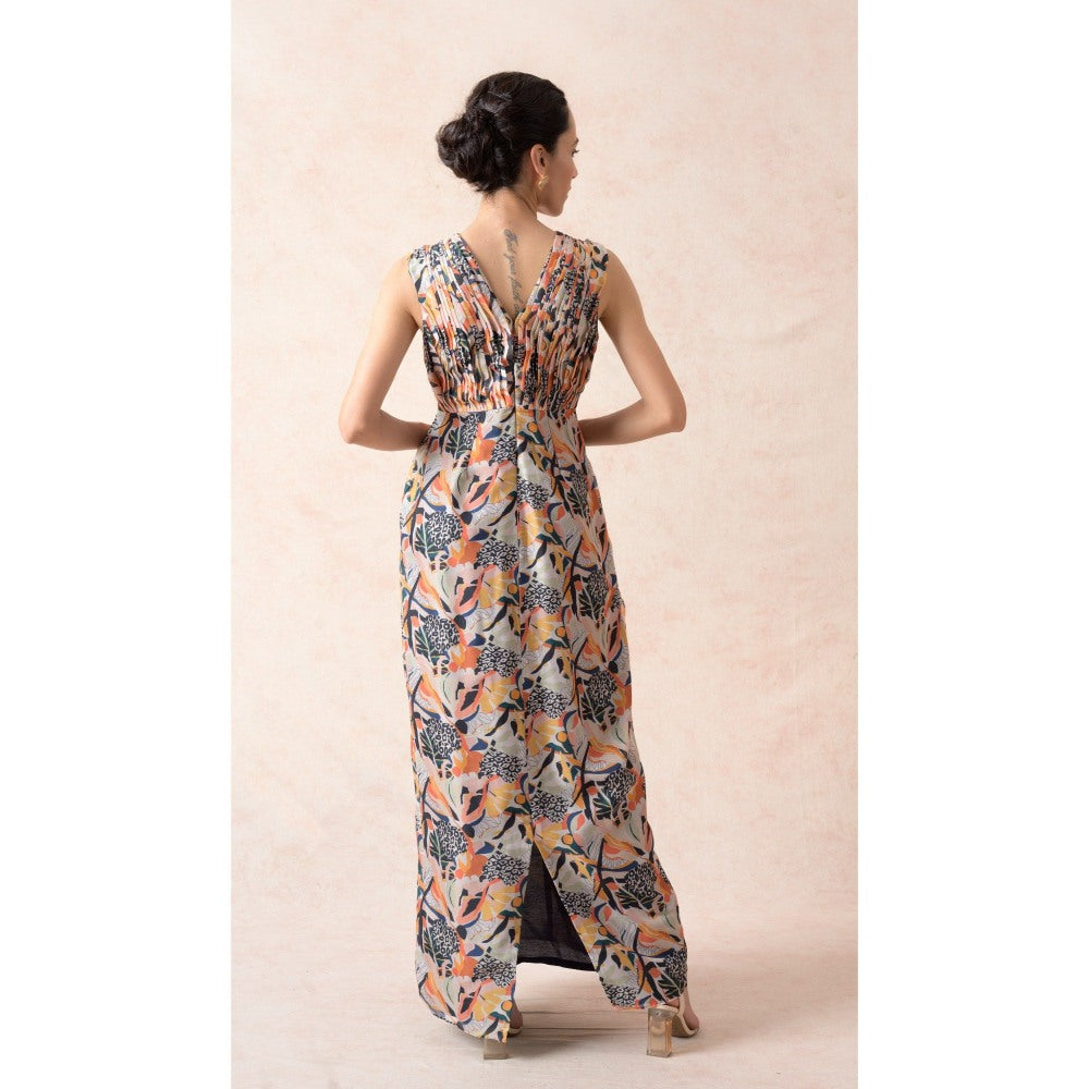 THETAA Multi-Colour Jungle Print Pleated Gown