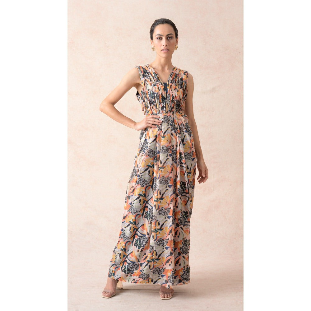 THETAA Multi-Colour Jungle Print Pleated Gown