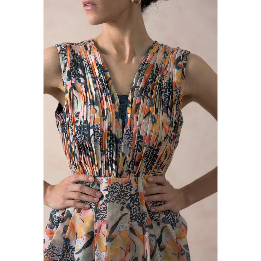 THETAA Multi-Colour Jungle Print Pleated Gown