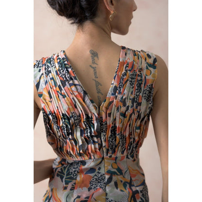 THETAA Multi-Colour Jungle Print Pleated Gown